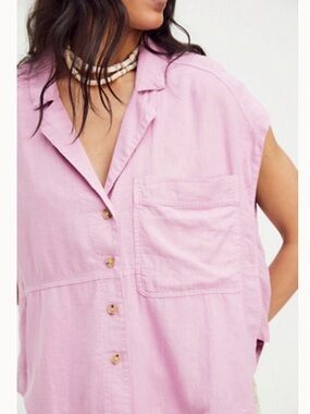 We The Free Pink Button-Up Pocket Blouse